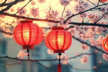 A pair of red lanterns suspended from a tree branch, providing a warm glow