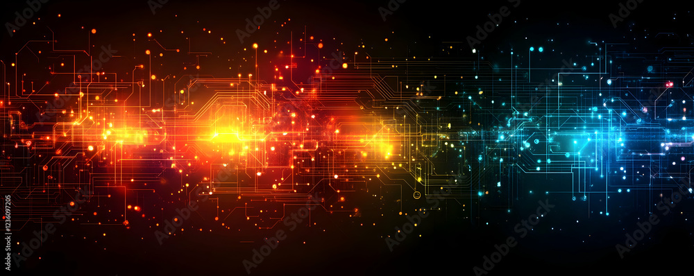 Poster vibrant abstract digital background with colorful light patterns and data elements