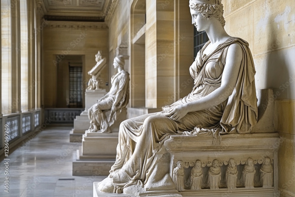 Poster group of statues perched atop a building, providing a unique view