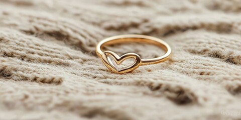 Gold heart ring on knit textile surface, jewelry design, love theme, close up.