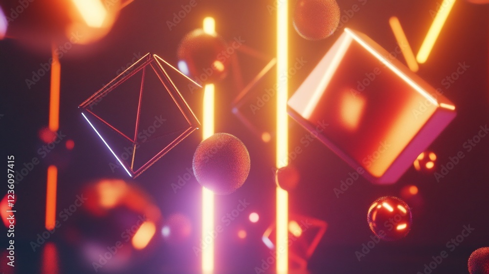 Poster abstract 3d geometric shapes with glowing lines and orbs in a dark scene rendering