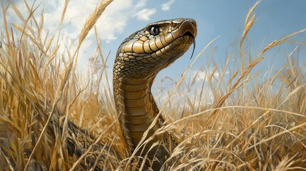 Fototapeta premium Realistic Brown Snake Emerging from Grass Under Blue Sky