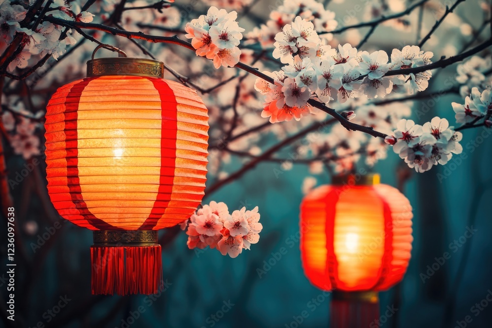 Poster a pair of red lanterns hang from a tree branch, casting warm light