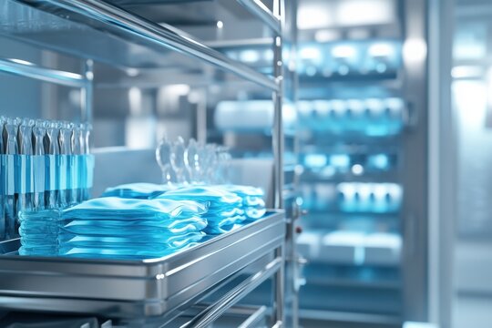 Medical sterilization concept. The sterilization process of medical instruments is displayed, showing tools being carefully packaged in sterile containers, emphasizing the importance of hygiene  