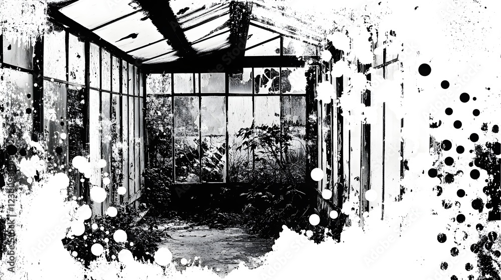 Poster abandoned and dilapidated greenhouse with overgrown plants and vegetation decaying interior broken w