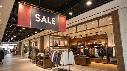 Clothing store sale sign, stylish interior, hanging display