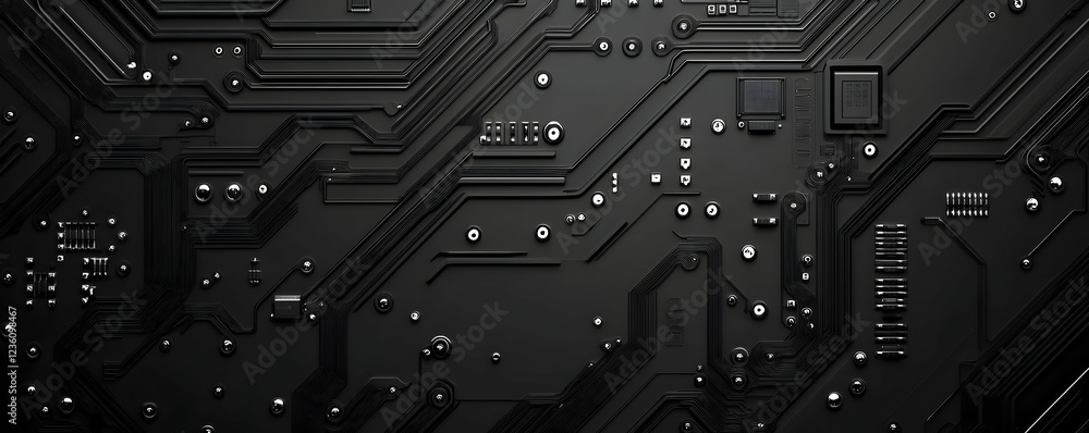 Poster close-up view of a complex black circuit board showcasing intricate pathways and components