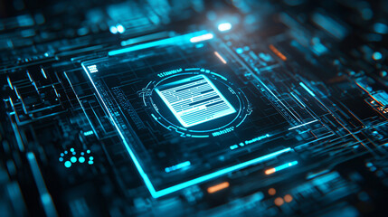 A futuristic holographic document icon floating above a secure digital cloud, symbolizing encrypted file storage and data protection