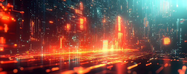 Futuristic digital landscape with glowing neon elements and abstract patterns