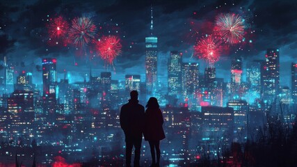 Romantic Couple Silhouetted Against a Vibrant City Fireworks Display