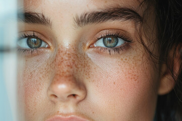 Obraz premium Close-up of young caucasian female with freckles and blue-green eyes