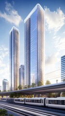 Obraz premium Two modern skyscrapers with train and road. Urban scene. Architecture.