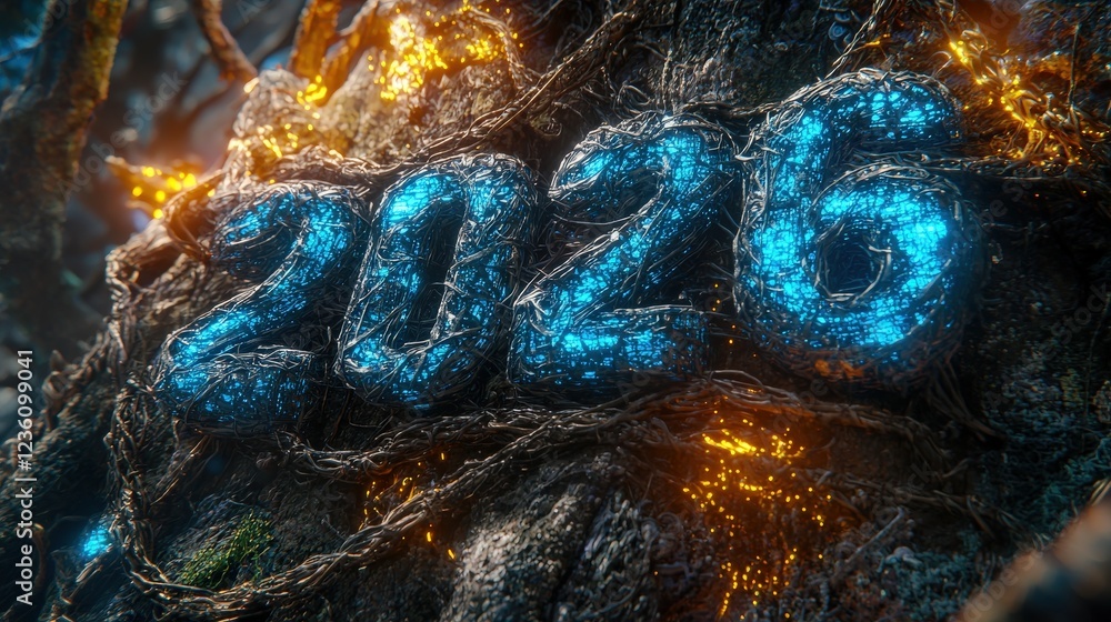 Aufkleber 3d crafted text woven from vines hanging in a magical forest setting with glowing elements