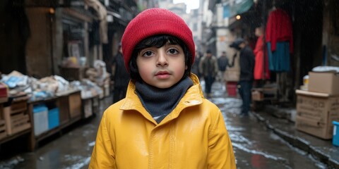 Fototapeta premium A young child wearing a bright yellow raincoat and a red beanie stands in a rainy street surrounded by market stalls. The atmosphere is vibrant yet damp, with people in the background