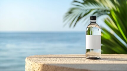 Clear water bottle with blank label sits on a stone surface near tropical plants, overlooking ocean;  mockup for hydration product advertising