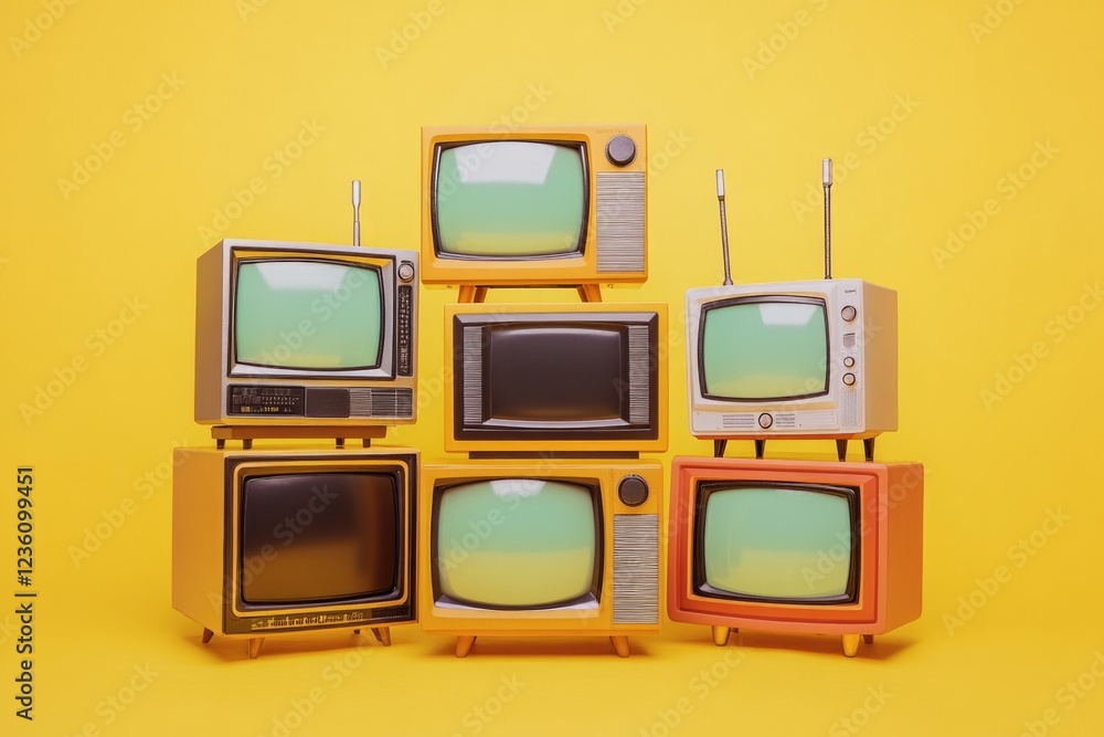 Poster a group of tvs stacked on top of each other, useful for backgrounds or demonstrating storage solutio