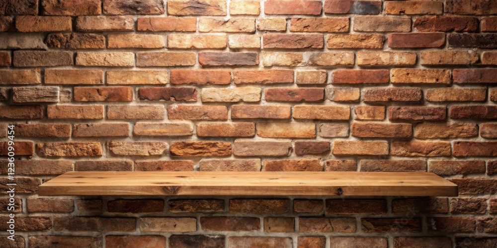 Poster a rustic wooden shelf extending out from an aged brick wall, illuminated by a soft overhead light.