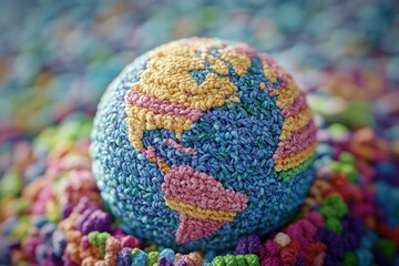 A colorful, handmade crocheted globe sitting atop a stack of textured yarn