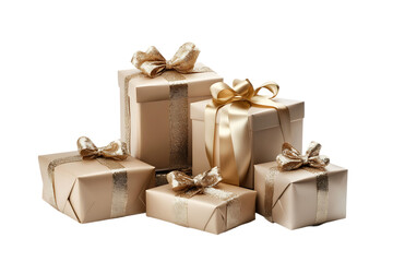 Obraz premium This image showcases a collection of beautifully wrapped gift boxes in a soft beige/tan color, adorned with gold glitter ribbons and bows.