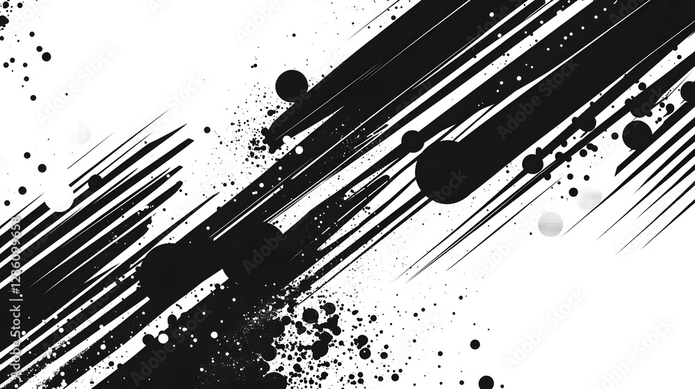 Poster abstract black and white background with a powerful chaotic splash of energy and motion creating a d
