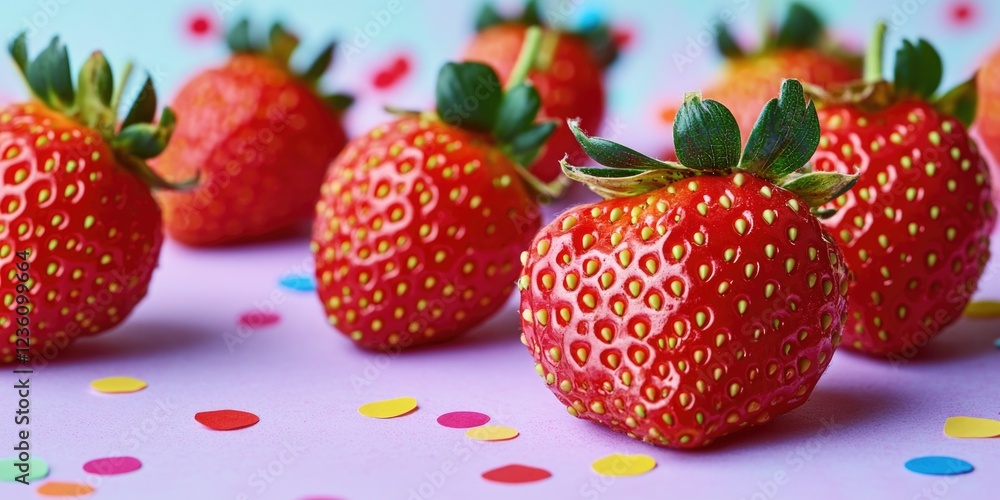 Poster a group of fresh strawberries arranged on a table, ideal for food photography or as a prop in still 