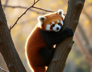 Obraz premium Adorable Red Panda Climbing a Tree in Golden Sunlight