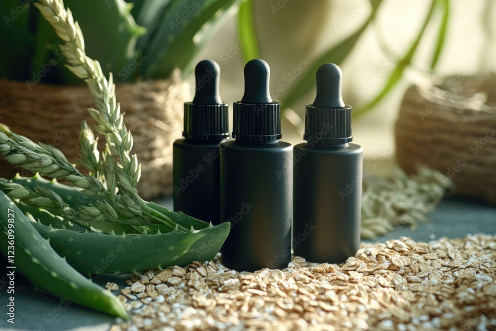 Poster two bottles sit on a table surface, possibly containing liquids or other contents