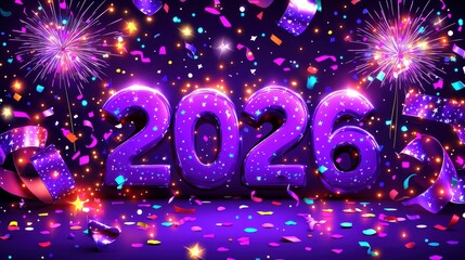 Glowing Purple Numbers 2026 Surrounded by Fireworks and Streamers in a Vibrant Celebration Scene