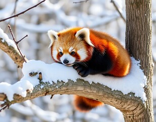 Obraz premium Red Panda Resting on Snowy Branch in Winter