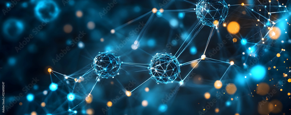 Poster abstract representation of interconnected particles in a digital space with glowing elements