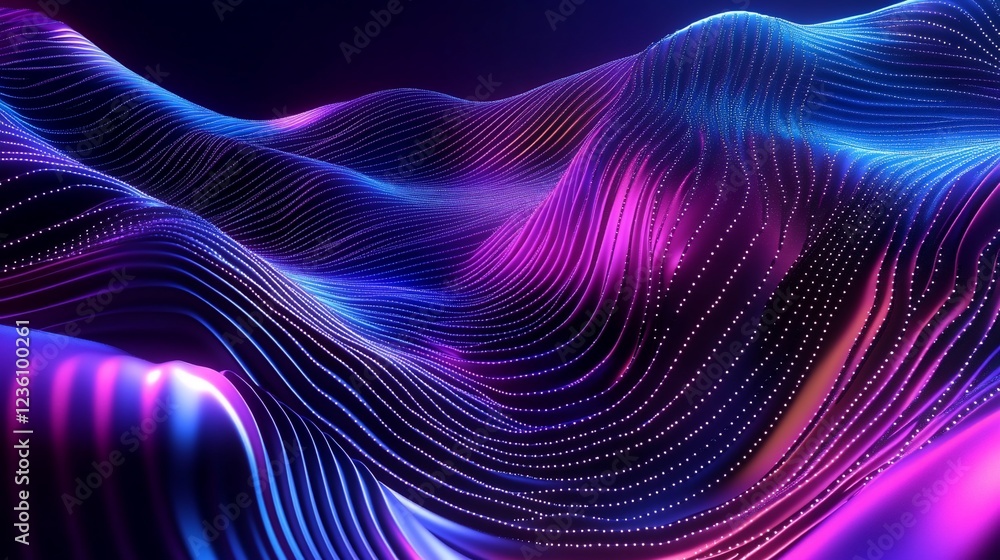 Poster abstract rendering of vibrant, glowing, wave-like lines and dots on a dark background