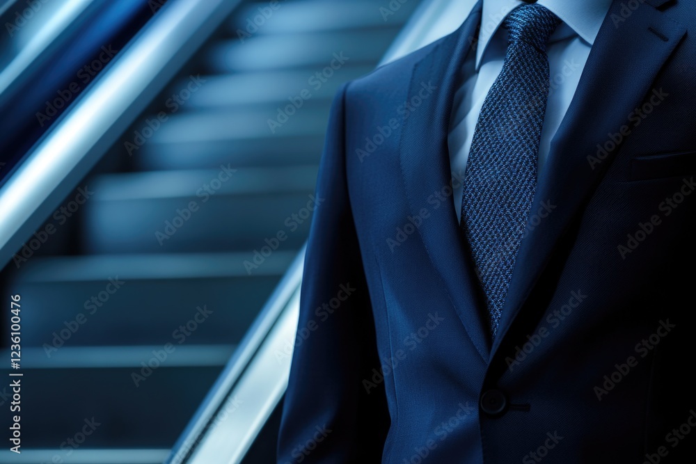 Poster a man in a suit and tie standing at the top of an escalator, ready to move forward