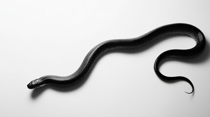 Fototapeta premium Sleek Black Snake Slithering on Minimalistic White Surface