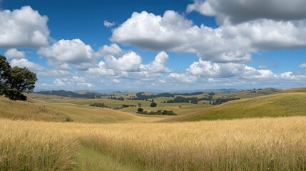A serene landscape featuring rolling hills and a blue sky with fluffy clouds.