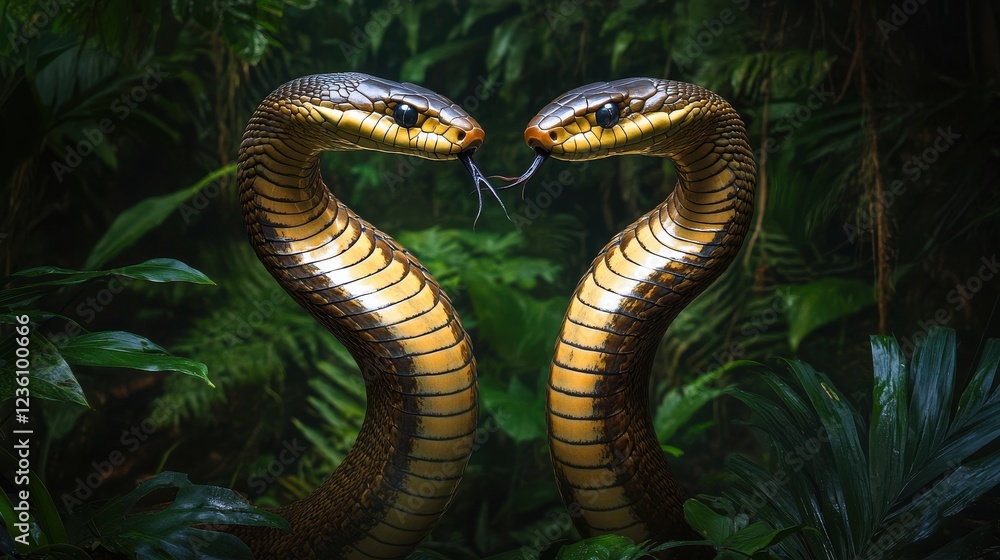 Poster two snakes in a lush jungle setting displaying unique interaction