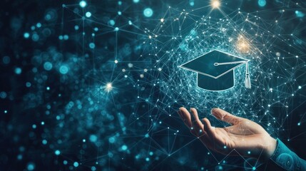 A hand reaching out for a digital graduation cap, symbolizing education and achievement in a modern, technology driven world filled with bright connections