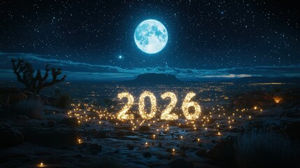 Naklejka premium Shimmering Stars and Moonlit Landscape with Floating Text in 2026 Celebration Theme at Night
