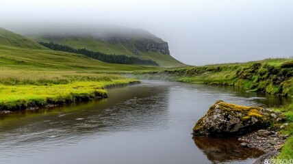 Peaceful river flowing soft ripples concept. A serene landscape featuring a calm river flowing through lush greenery, surrounded by hills shrouded in mist.
