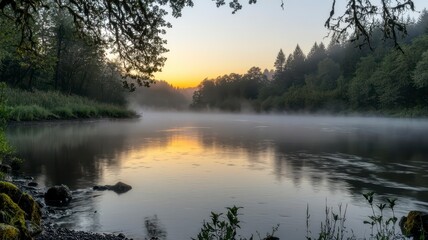 Peaceful river flowing soft ripples concept. A tranquil river scene at dawn, with mist rising from the water and a soft sunrise illuminating the landscape.
