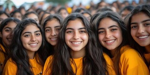 Obraz premium A group of young women stands closely together, all wearing bright yellow t-shirts. They are smiling and enjoying a lively community event held outdoors amid a cheering crowd