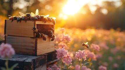 Bees returning to hive at sunset, floral field