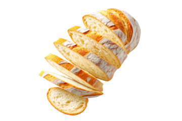 Sliced loaf of wheat bread showing its golden crust and soft interior, isolated on white transparent background.