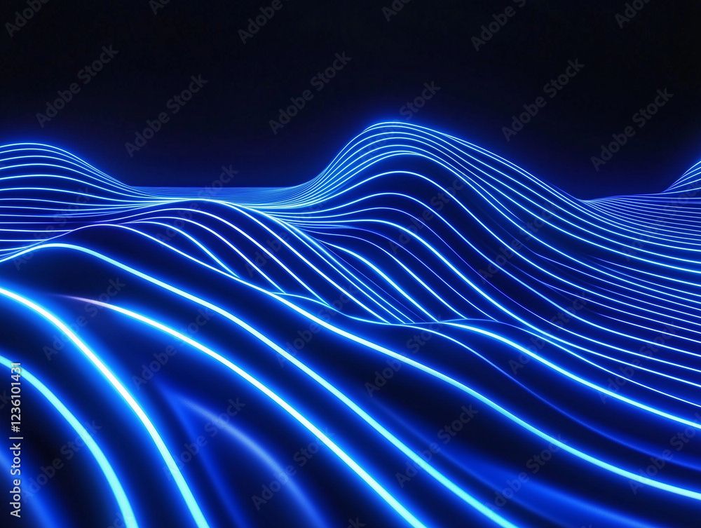 Poster vibrant blue light and dynamic stripes swiftly moving across sleek black backdrop, creating a visual