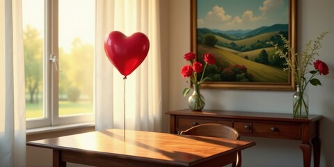 Romantic sunrise scene with a heart-shaped balloon on a wooden table beside a window and flowers