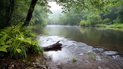 Peaceful river flowing soft ripples concept. A serene river scene surrounded by lush greenery and mist, creating a tranquil and natural atmosphere.