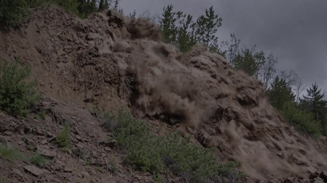 Mudslide Engulfing Mountainside, Fierce Erosion in Action, Video, Generative AI