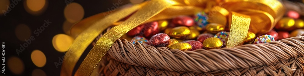 Poster a colorful basket overflowing with chocolates and tied with a bright yellow ribbon