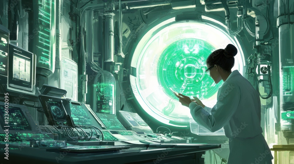 Poster scientist working in futuristic laboratory with advanced technology
