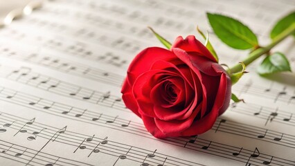 Single red rose with musical notes and a minimalist background, conveying serenity and harmony in music, rose, beauty