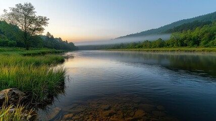 Fototapeta premium Peaceful river flowing soft ripples concept. A tranquil river landscape at dawn, surrounded by lush greenery and misty hills, reflecting the serene beauty of nature.